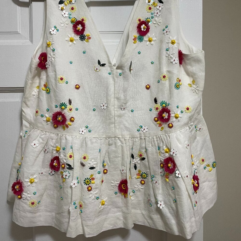 NWOT J. Crew White Hand-Embellished Floral White Peplum Tank Top size 10